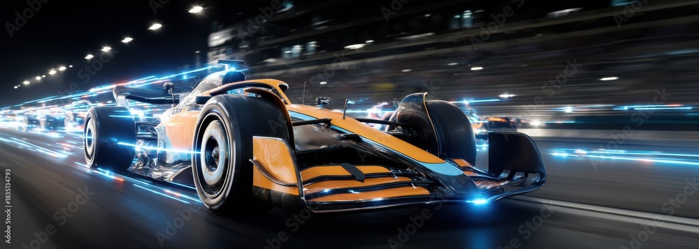 Obraz premium Futuristic Formula 1 car speeding at night with blue neon light trails. Concept of electric mobility promotion, tech advertising, dynamic poster visuals and emotional energy.