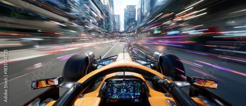 Cockpit POV of Formula One car racing through city streets with neon streaks. Concept of VR experience design, simulation marketing, game assets and emotional speed immersion.