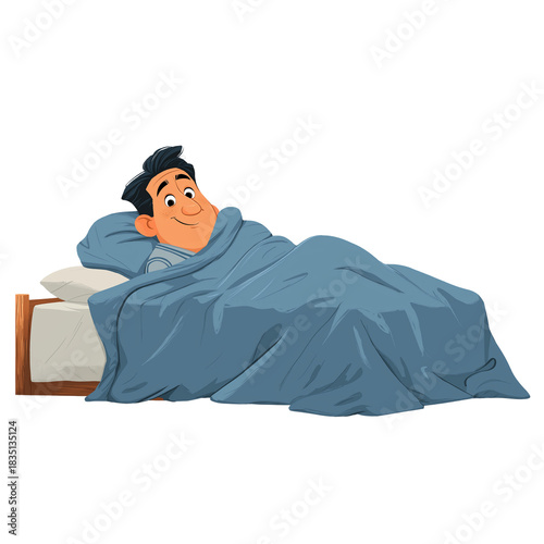 Cute 3D Cartoon Boy Wrapped in Cozy Blanket Isolated on Transparent Background PNG