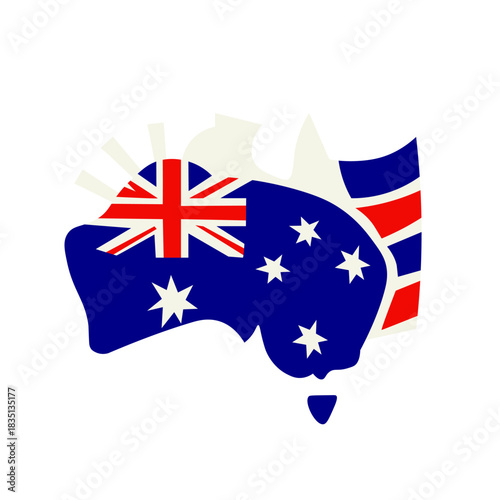  illustration of the blue national flag of Australia featuring white stars as a patriotic symbol of the country and nation on a map of Oceania