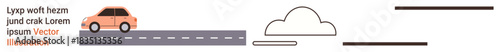 Transportation, minimalism, urban life, road safety, travel, design. A car drives on a straight road with a cloud and abstract linear elements. Transportation and minimalism focus in a graphic style