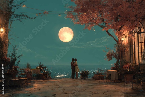 First warm hug between two lovers on a moonlit terrace