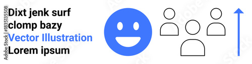 Business growth, teamwork, success, positivity, goal achievement, leadership. Blue happy face with people icons and upward arrow. Business growth and teamwork concepts