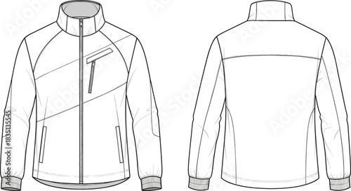 Vector technical sketch fashion designer professional apparel blueprint drawing jacket coat sportswear windbreaker bomber outerwear template mock-up illustration editable design garment flat.