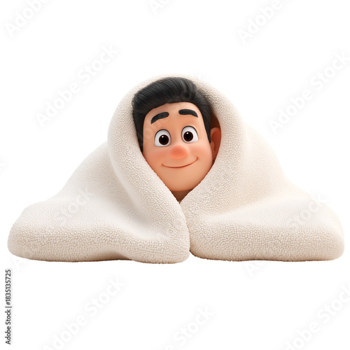 Cute 3D Cartoon Boy Wrapped in Cozy Blanket Isolated on Transparent Background PNG