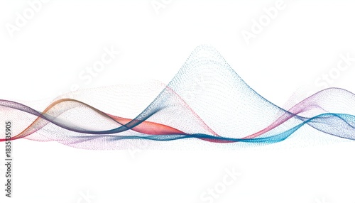 Abstract flowing wave-like forms of interconnected dots, in shades of pink, orange, and blue