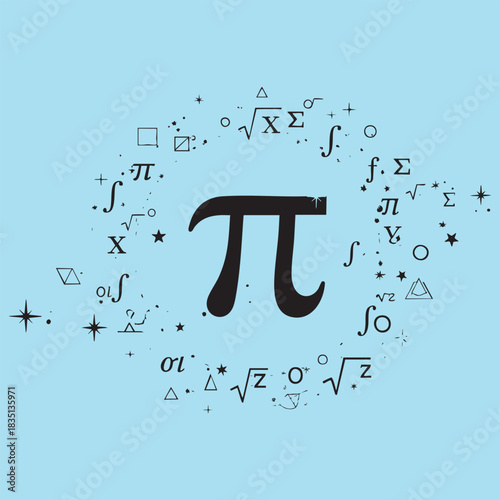 Pi symbol surrounded by mathematical formulas and geometric shapes vector illustration. Math education and science concept background.