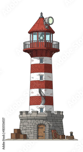 Lighthouse with red and white stripes stands on a stone base.