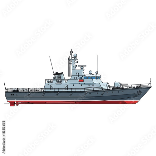 Side view of a gray warship with a red waterline on white background.