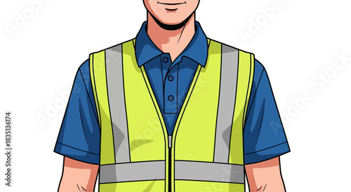 Man wearing safety vest and blue shirt upper body isolated on white.