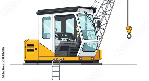 Cartoon illustration of a yellow and white crane with a ladder.