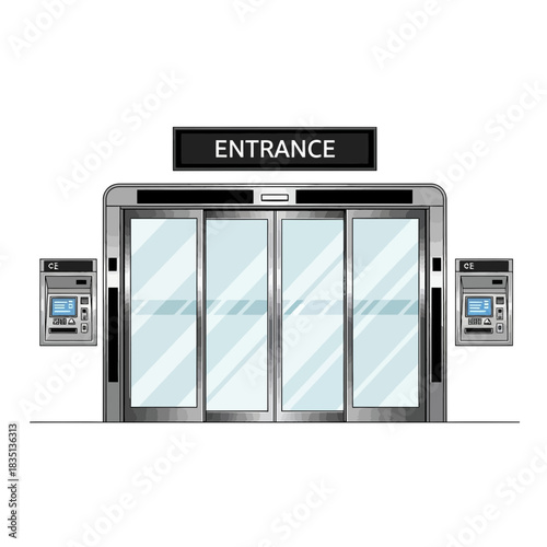Automatic sliding doors with entrance sign and card readers on a white background.