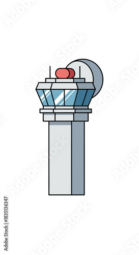 Air traffic control tower with windows and radar dish isolated on white.