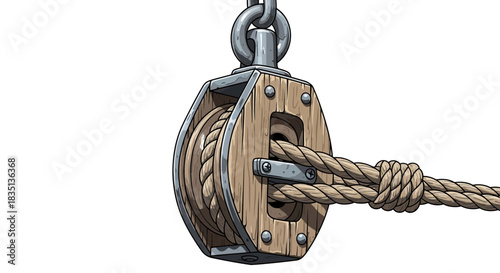 Illustration of a wooden pulley with rope attached hanging from a chain.