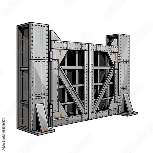 Metal structure with bolted panels and support beams isolated on white background.