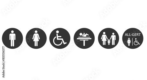 Six restroom signs: male female wheelchair changing station family all-gender.