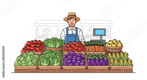 Illustration of a farmer at a market stall selling fresh produce.
