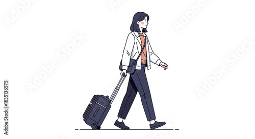 Woman walking with wheeled luggage on white background minimalist illustration style.