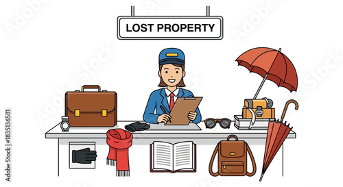 Illustration of a lost property office with a clerk and various items.