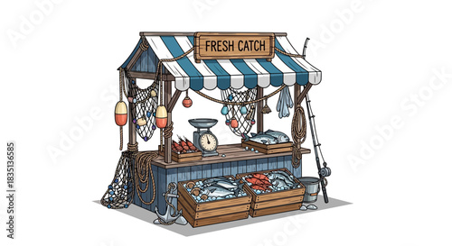 Fish market stall with striped awning displaying fresh catch and various seafood.