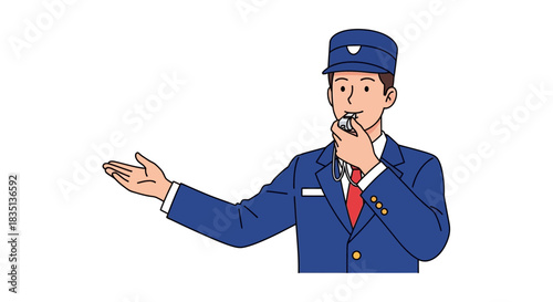 Man in blue uniform with red tie blowing a whistle illustration.