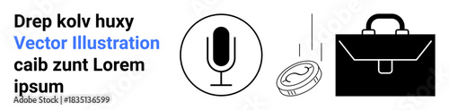 Business operations, communication, digital economy, technology, finance, workplace tools. Minimalist icons of a microphone, coin briefcase and text. Business operations and communication theme