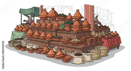 Market stall displaying numerous terracotta tagines and other pottery under a green awning.