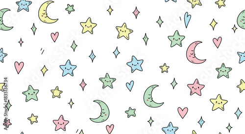 Cute Kawaii Seamless Pattern with Pastel Stars and Moons, Childish Celestial Background