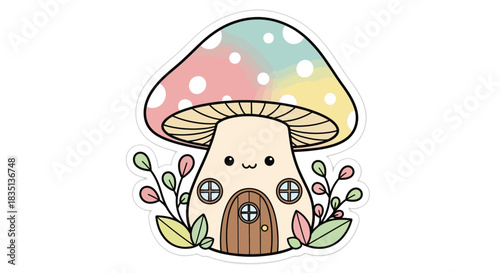 Cute Kawaii Mushroom House Sticker Vector Illustration, Fairy Tale Fantasy Home with Pastel Roof