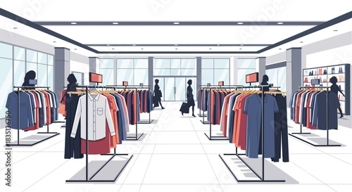 Clothing store interior with racks of garments and people in the background.