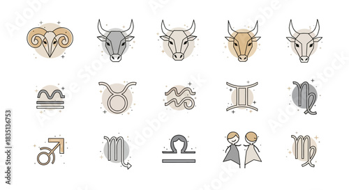 Set of Minimalist Zodiac Signs and Horoscope Line Icons, Astrology and Celestial Vector Collection