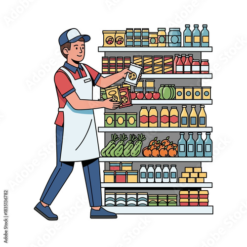 Person stocking shelves with food items in a store setting illustration.