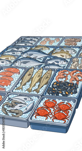 Assorted seafood in trays displayed for sale at a market.
