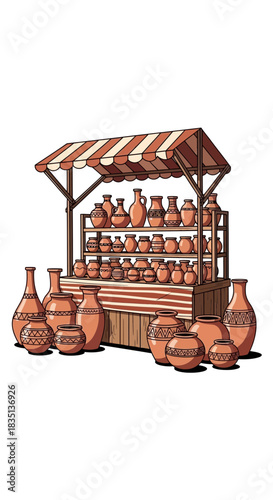 Cart with many clay pots and vessels under a striped awning.