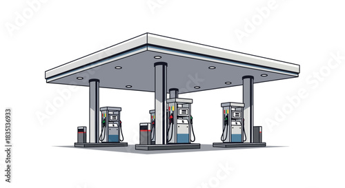 Gas station with pumps under a canopy isolated on a white background.