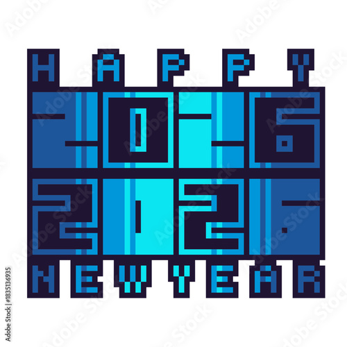 Happy New Year 2026 Bold Typography in Blue Gradient Color, Pixel Art Icon, Isolated