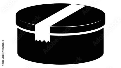 Cylindrical package or gift box with white tape seal, isolated on a white background, representing delivery and surprise