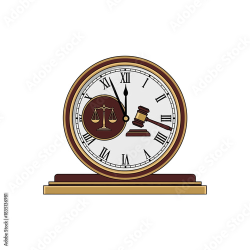 Clock with scales of justice and gavel representing law and time.