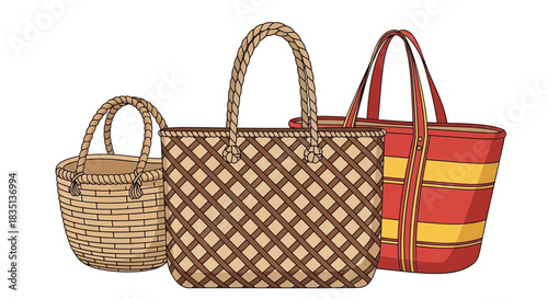 Three woven tote bags in different styles and colors on a white background.