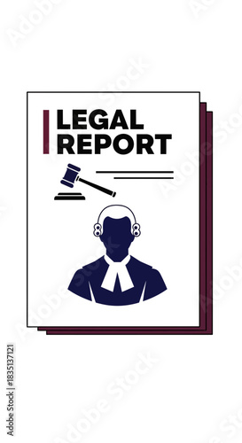 Legal report document with gavel and judge icon on white background.