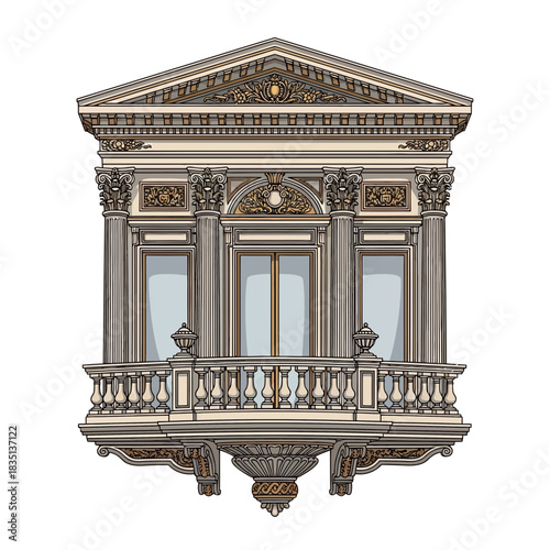 Ornate architectural detail featuring a balcony with three windows against a white background.