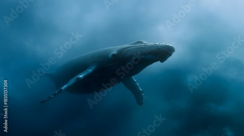 Majestic humpback whale glides through the deep blue ocean enveloped in misty ethereal underwater light