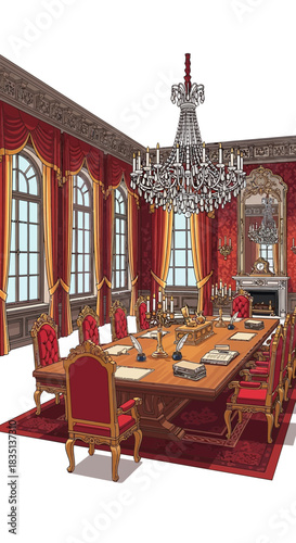 Formal dining room with long table red walls chandelier and arched windows.