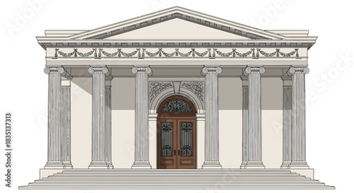 Illustration of a classical building facade with columns and a triangular pediment.