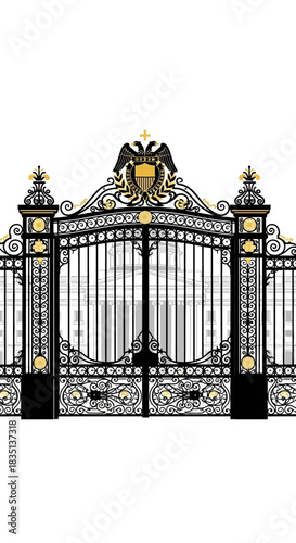 Ornate metal gate with decorative elements against a white background.