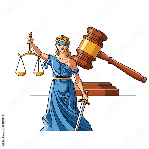 Lady justice with scales sword and gavel representing law and legal system.