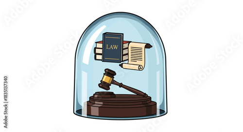 law concept: gavel, books, scroll inside glass dome clip art preview