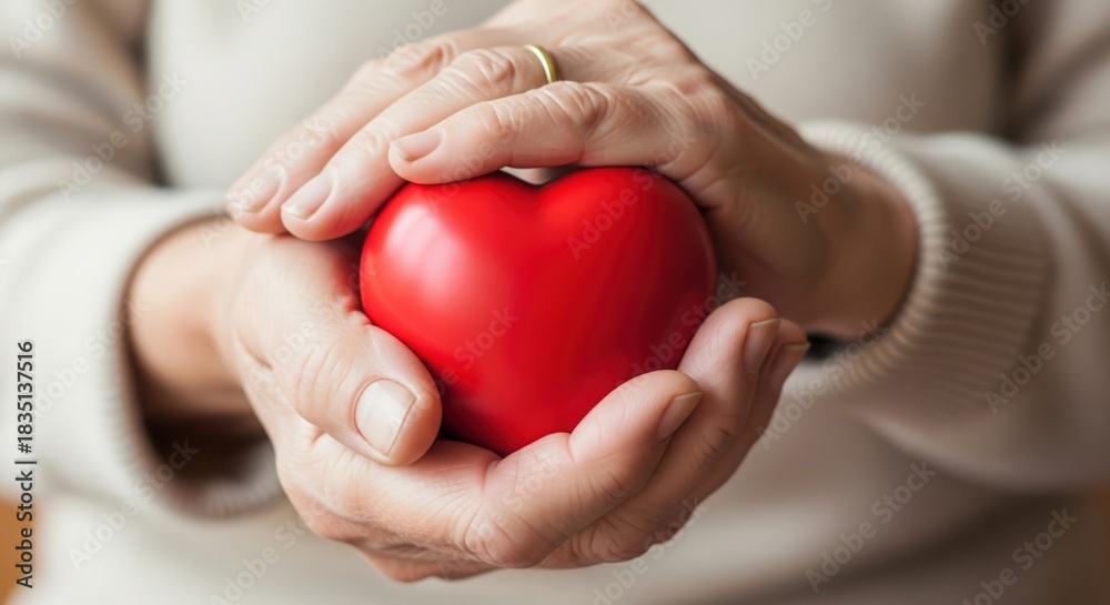 Obraz premium Elderly Hands Embracing Red Heart — Honoring Family Caregivers and Compassionate Support
