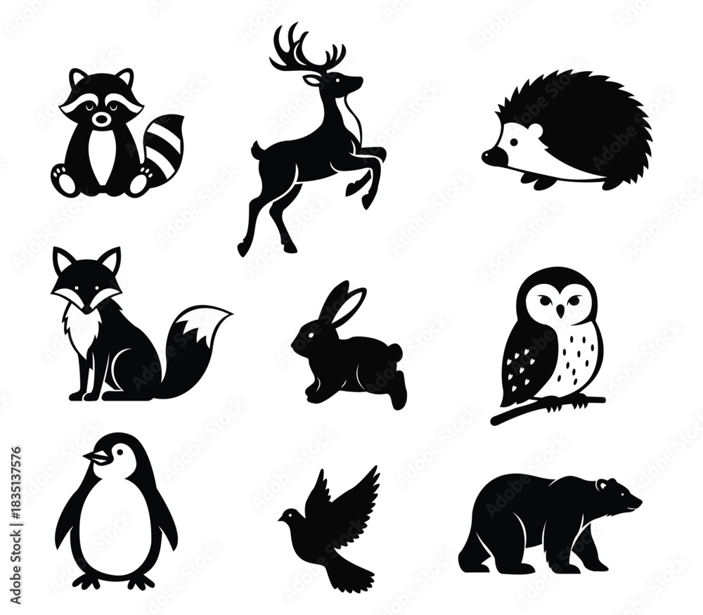 Obraz premium Woodland Animal Silhouettes Vector Set. Cute Forest Wildlife Clipart Collection.