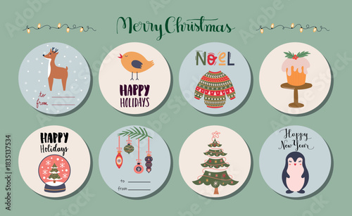 Set of cute Christmas round labels with reindeer, bird, sweater, cake, tree, penguin, ornaments and greetings. Perfect for holiday cards, gift tags, stickers, prints and winter design. Vector.